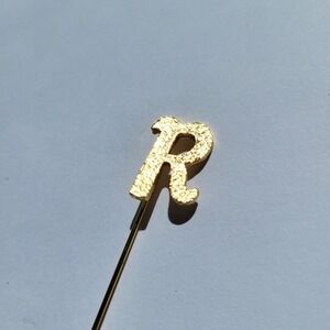 VintagInitial R Stick Pin Gold Tone Textured Monogram Lapel Hat Pin
